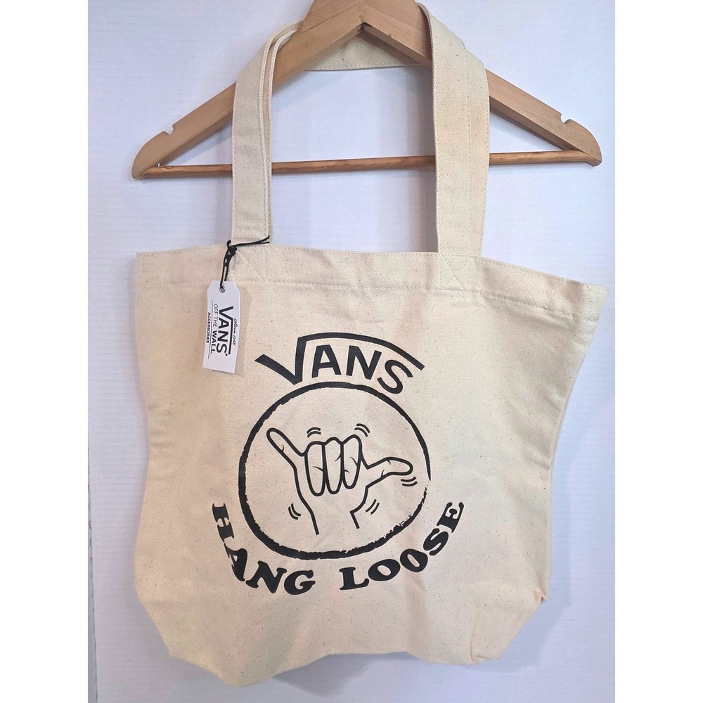 Vans Hang Loose Canvas Tote Bag Cream Black Shaka Off The Wall Logo NWT